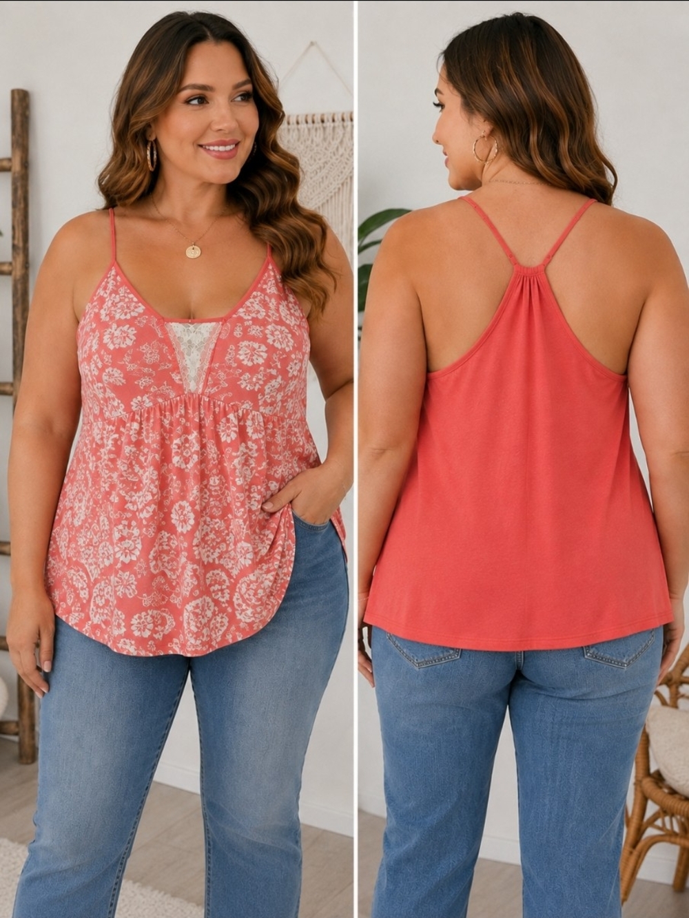 Plus Lace-Inset Floral Coral Camisole - Picture 1 of 9